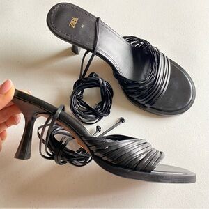 Zara Size 40 Black Faux Leather Strappy Lace-up Rounded Open Toe Stiletto Heel